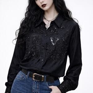 Vintage Olsen Button-Up Top Women's Size 36(L) Tunic Beaded Sequin Black Gothic